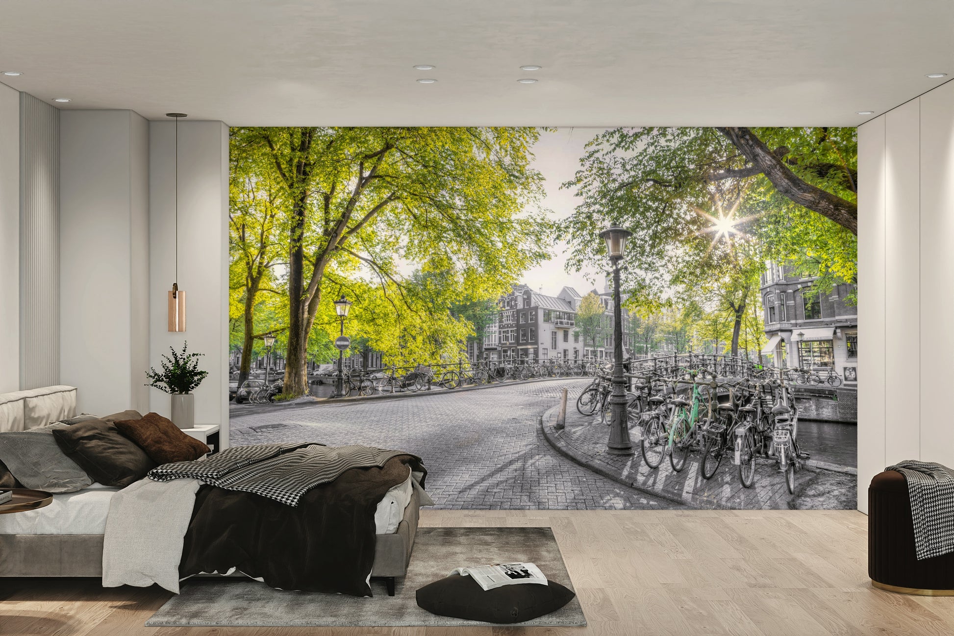 The mural has a unique, partially colorized style.

