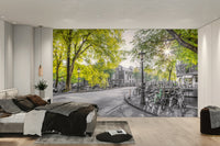 The mural has a unique, partially colorized style.

