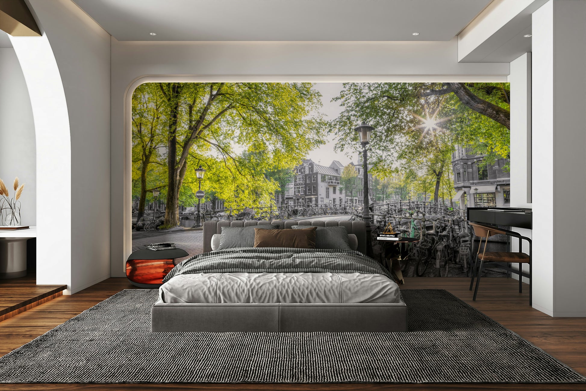 A street lamp is in the foreground of the image.

