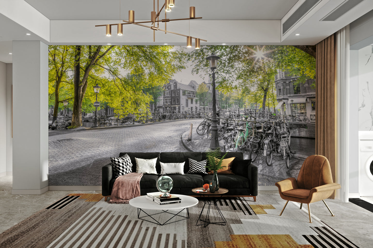 The road is made of cobblestones or bricks.

