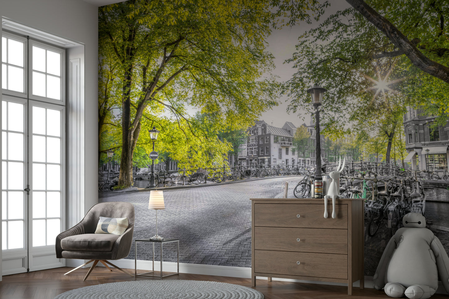 The trees are a vibrant, sunny green color.

