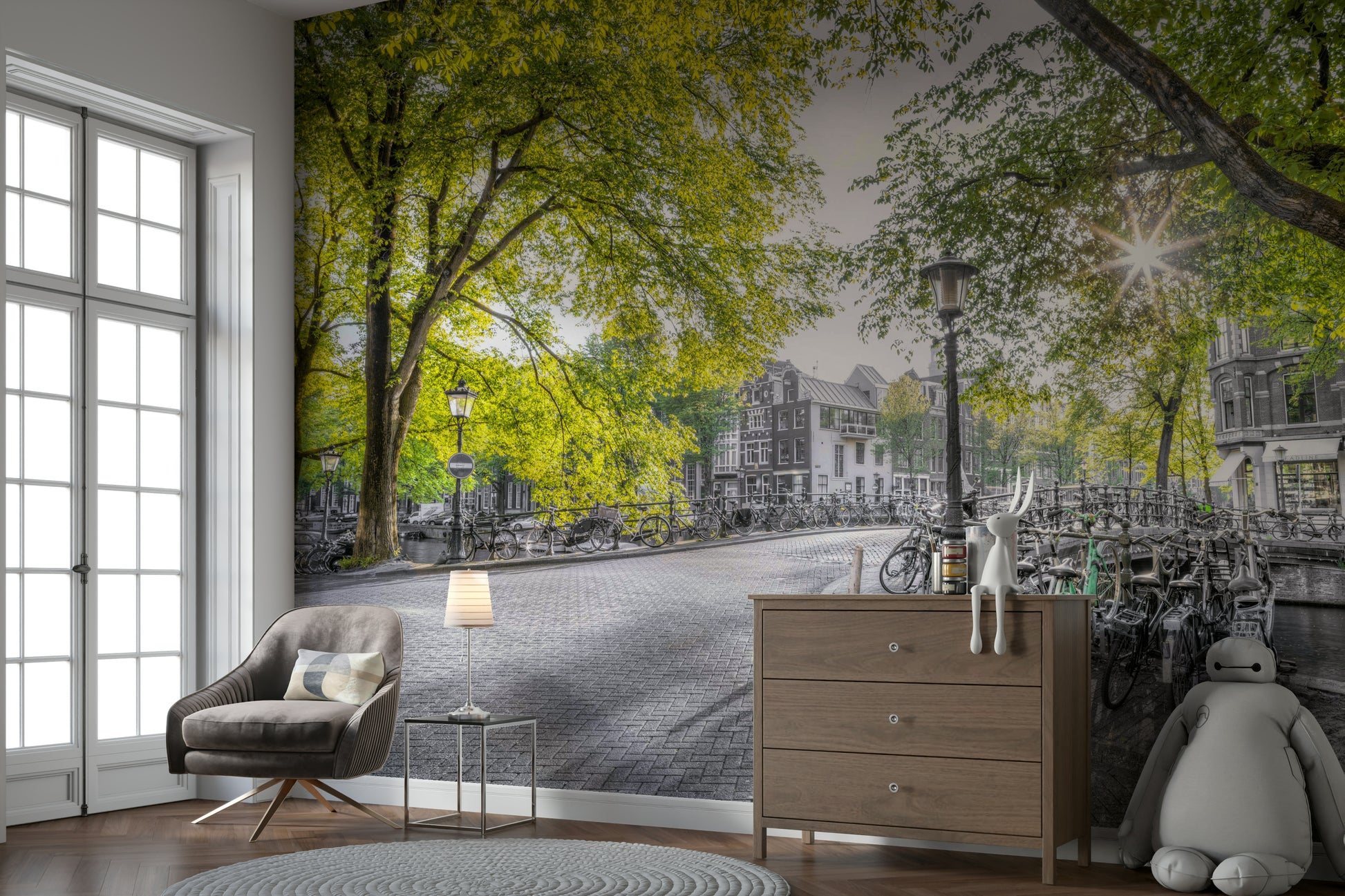 The trees are a vibrant, sunny green color.

