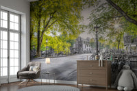 The trees are a vibrant, sunny green color.

