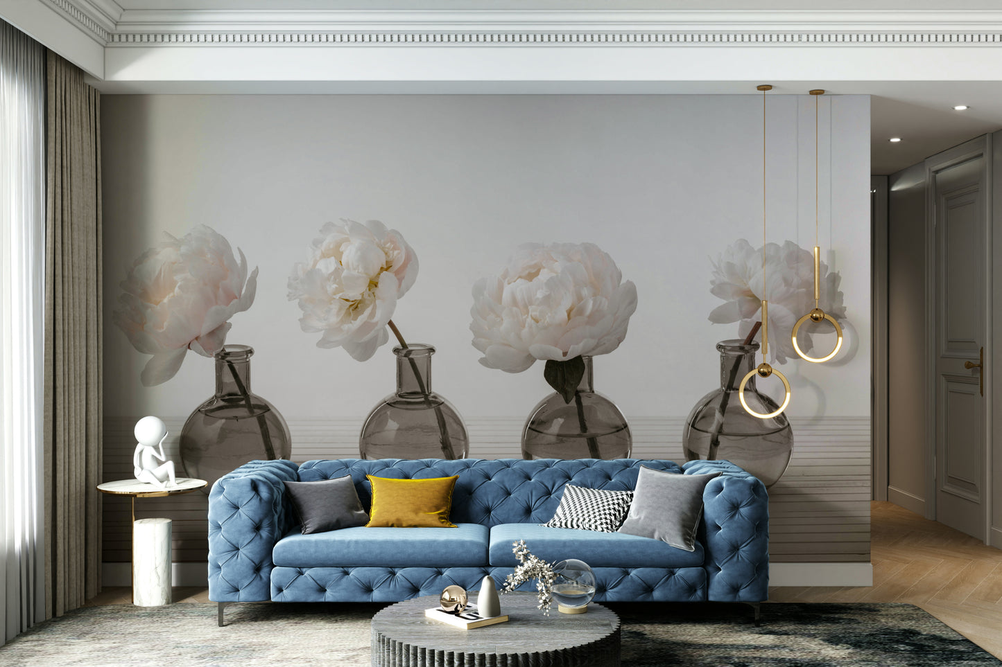 Each vase holds one delicate white peony flower.

