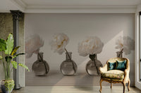 The vases are arranged in a row on a light wood surface.

