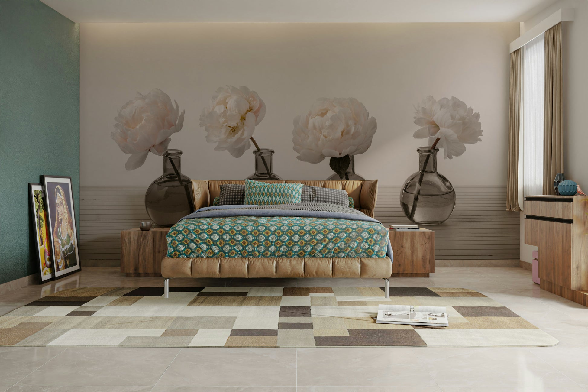 The vases are small, round glass bottles.

