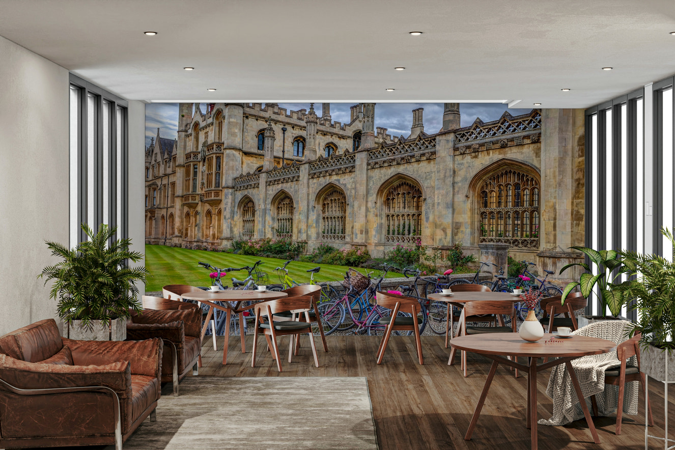 A wall mural featuring a row of bicycles.

