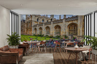 A wall mural featuring a row of bicycles.

