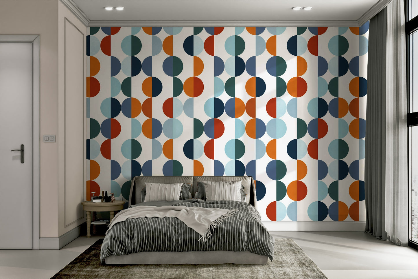 The circles and lines intersect, creating a complex yet balanced design.

