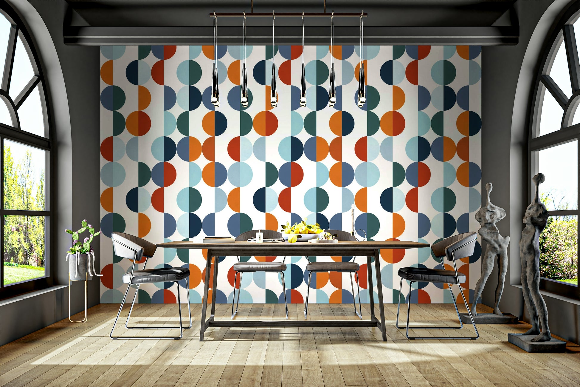 A close-up shot of the circular pattern on the wallpaper.

