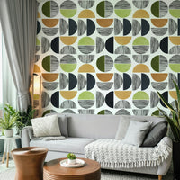 The design features geometric arcs and shapes reminiscent of the sun and sky.

