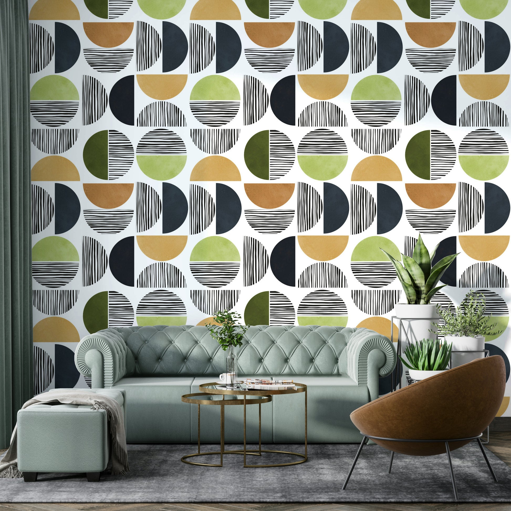 A close-up view of a wallpaper with an abstract sunscape pattern.

