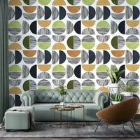 A close-up view of a wallpaper with an abstract sunscape pattern.

