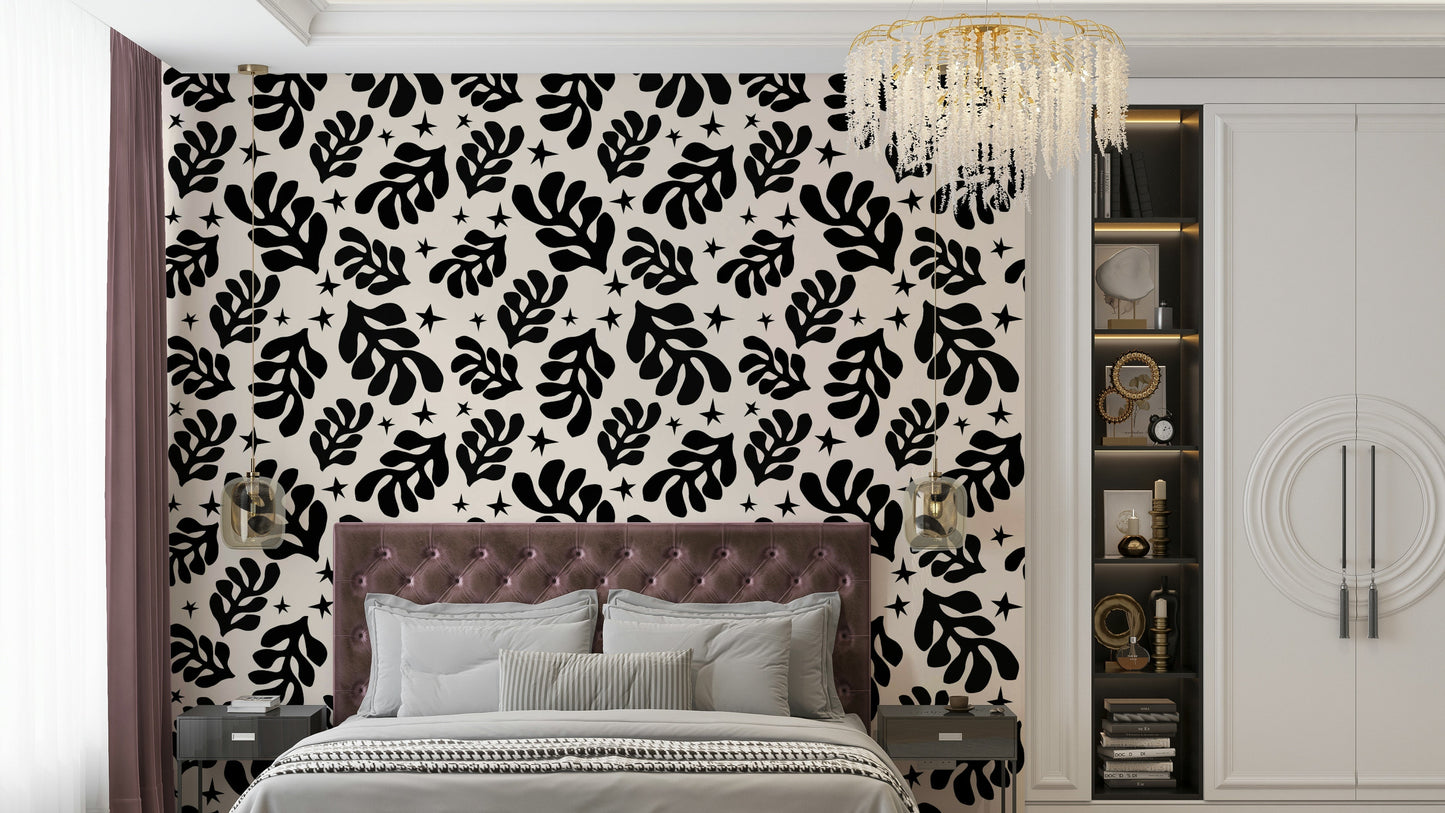 A detailed image of a wallpaper featuring an abstract leaf pattern.

