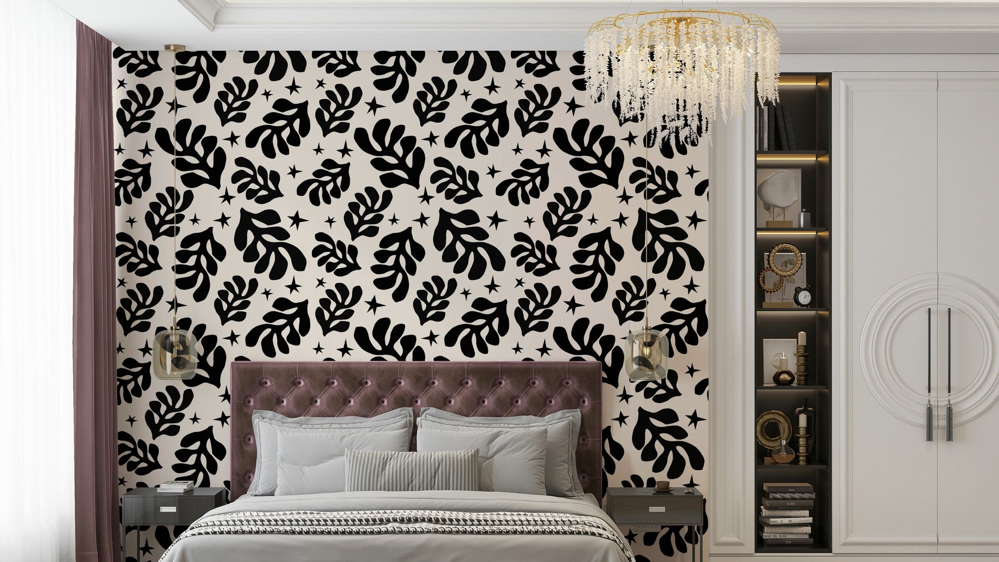 A detailed image of a wallpaper featuring an abstract leaf pattern.

