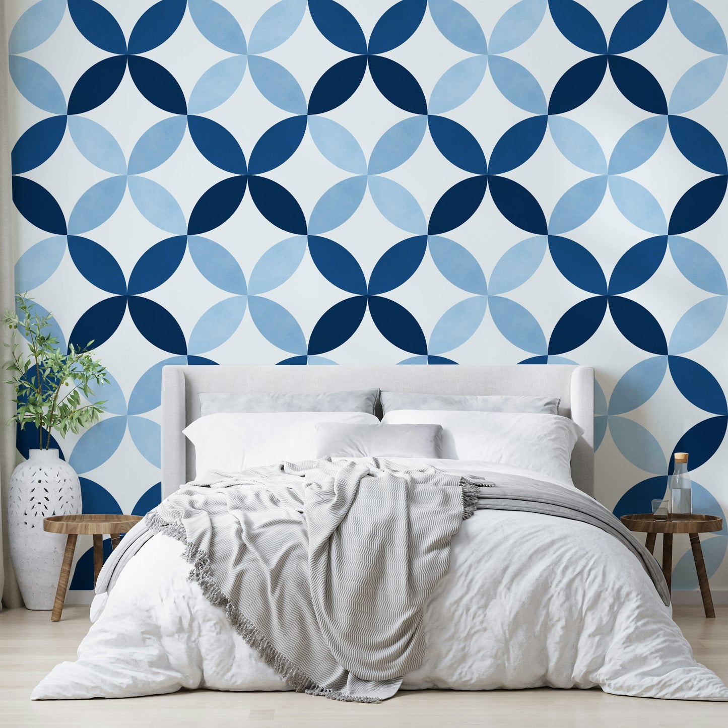 The wallpaper serves as a bold, statement-making backdrop.

