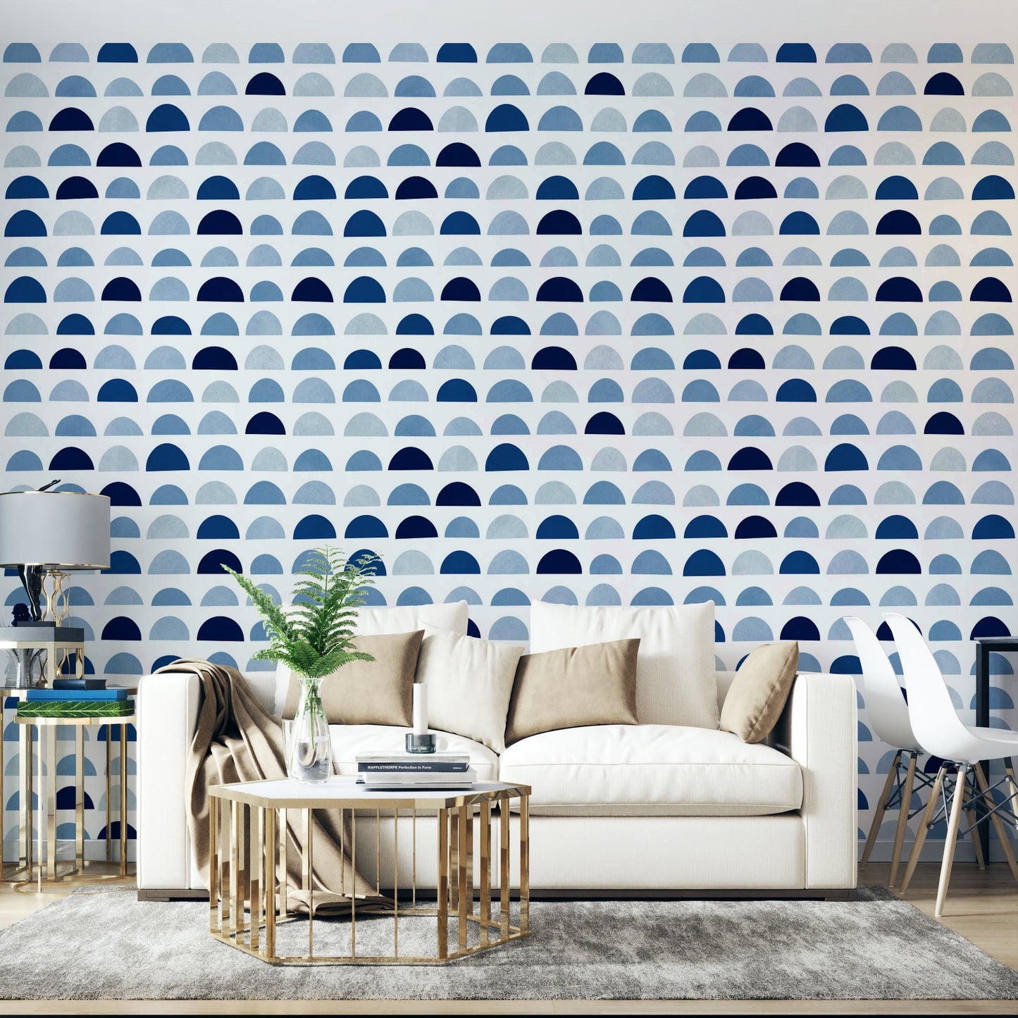 A room decorated with the Blue Half Moons wallpaper.

