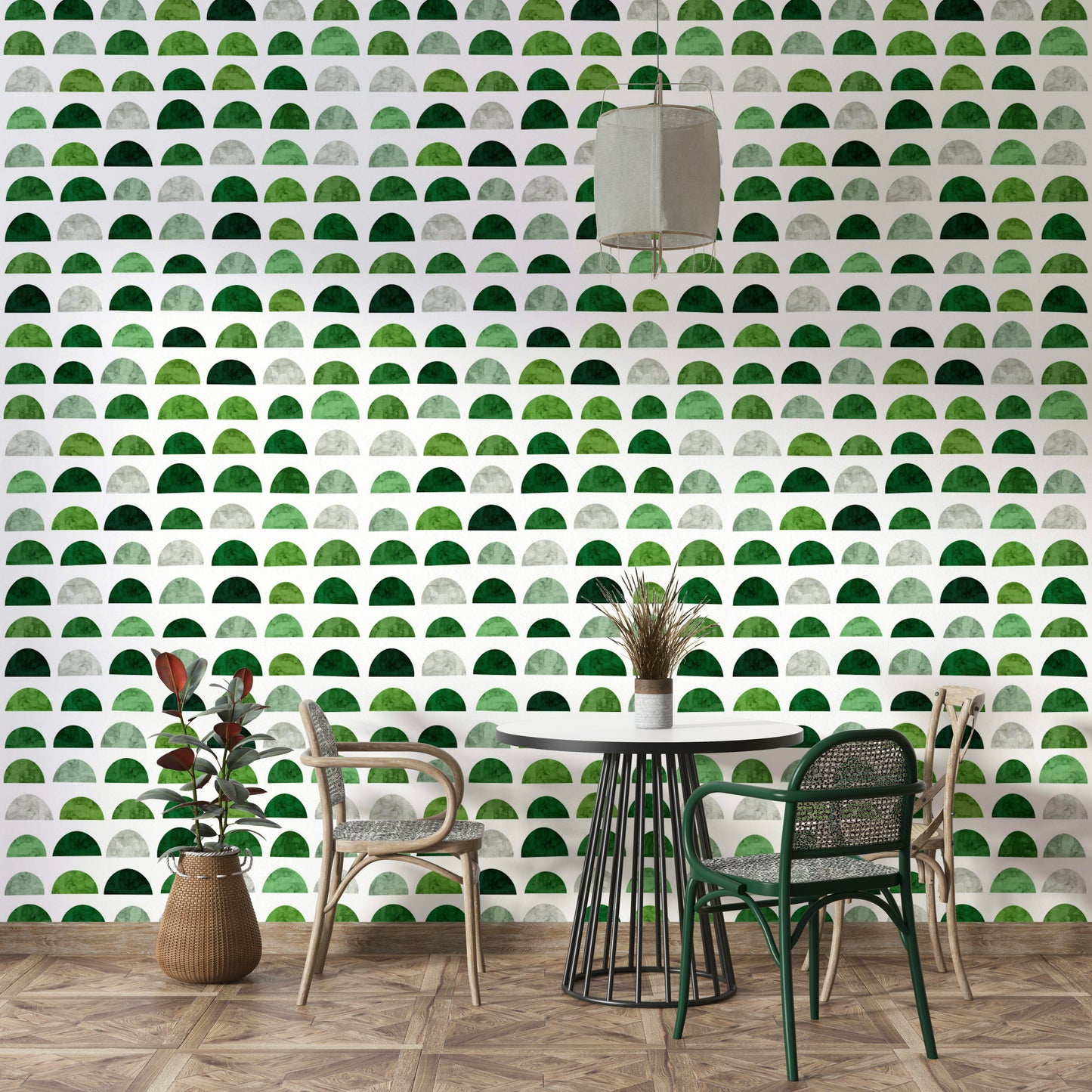 A close-up shot of the geometric shapes on the wallpaper.

