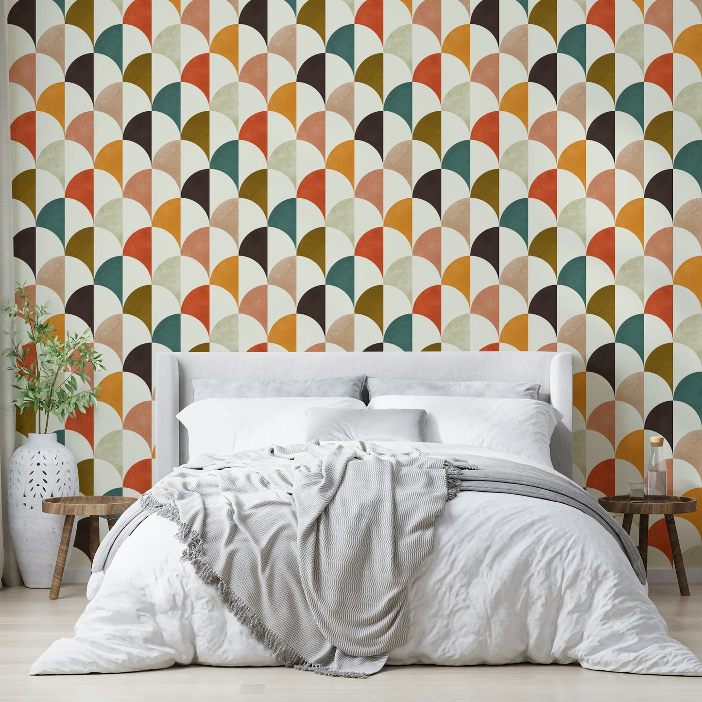 The arches are stylized, reminiscent of 1960s design.

