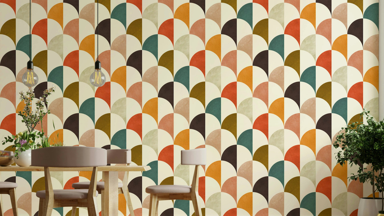 The wallpaper is well-lit, showing off the clean, retro lines.

