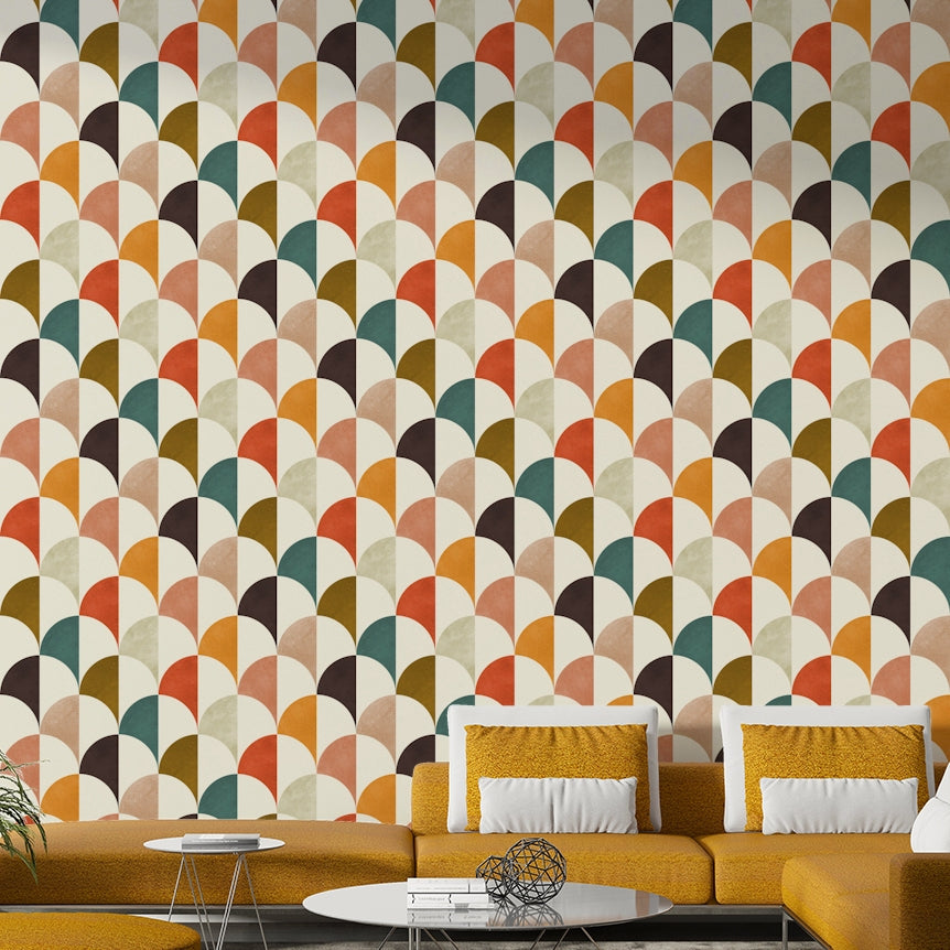 A detailed view of a wallpaper with a retro arch pattern.

