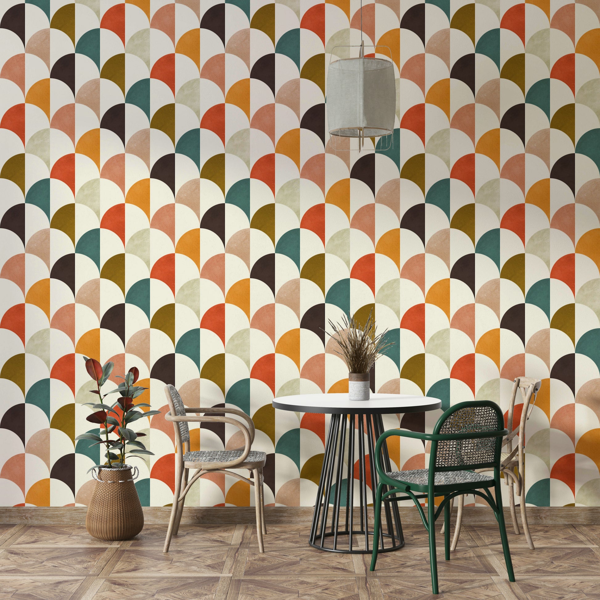 The wallpaper serves as a bold, statement-making backdrop.

