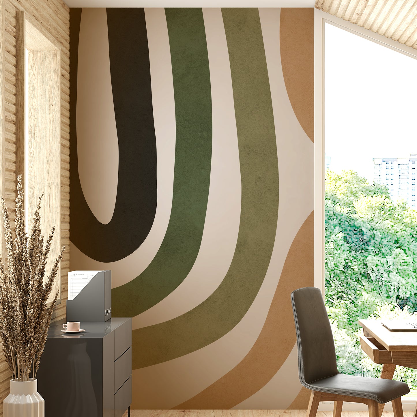 A close-up shot of the curved shapes on the mural.

