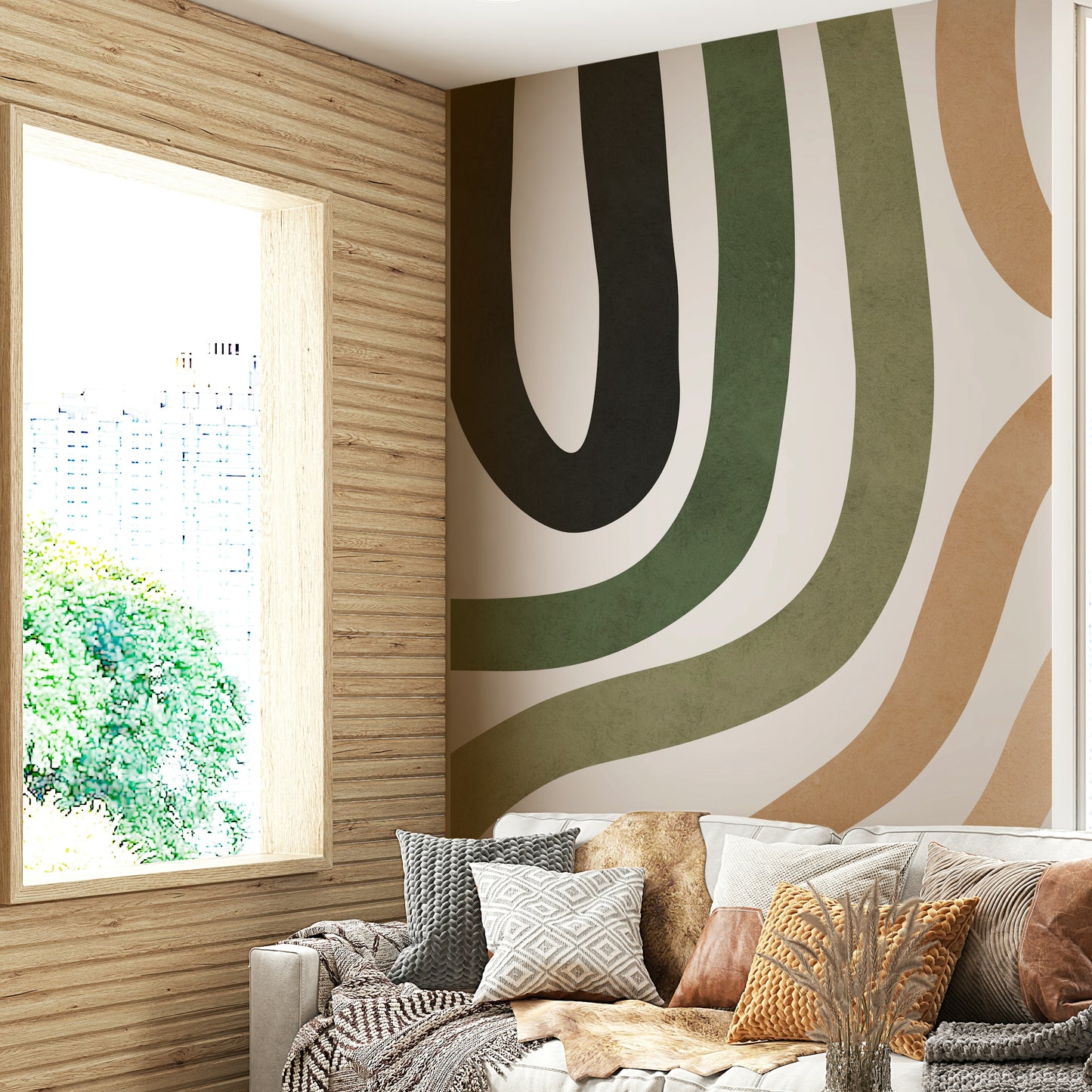 The design features flowing, organic shapes in earthy tones.

