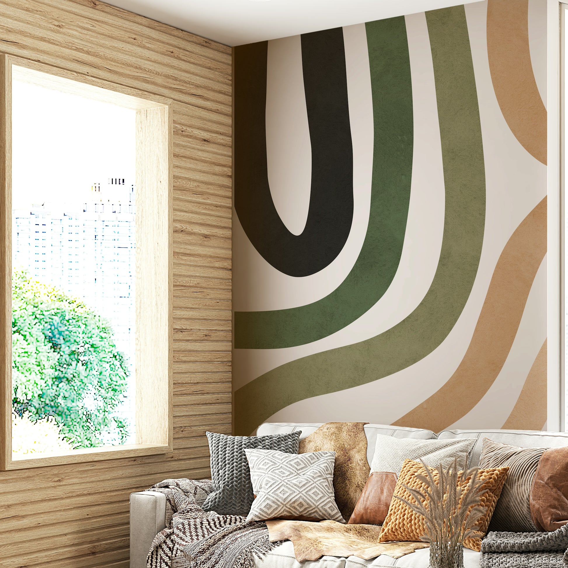 The design features flowing, organic shapes in earthy tones.

