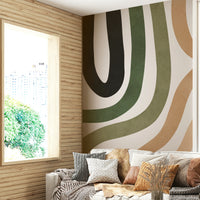 The design features flowing, organic shapes in earthy tones.

