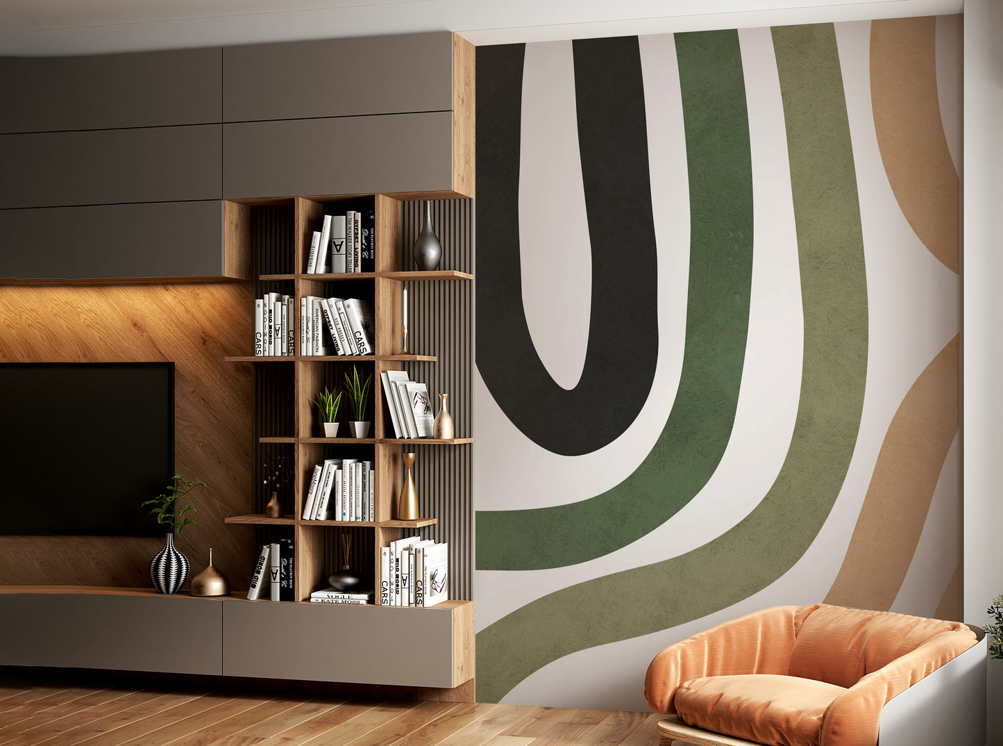 The color palette includes shades of beige, terracotta, and soft green.

