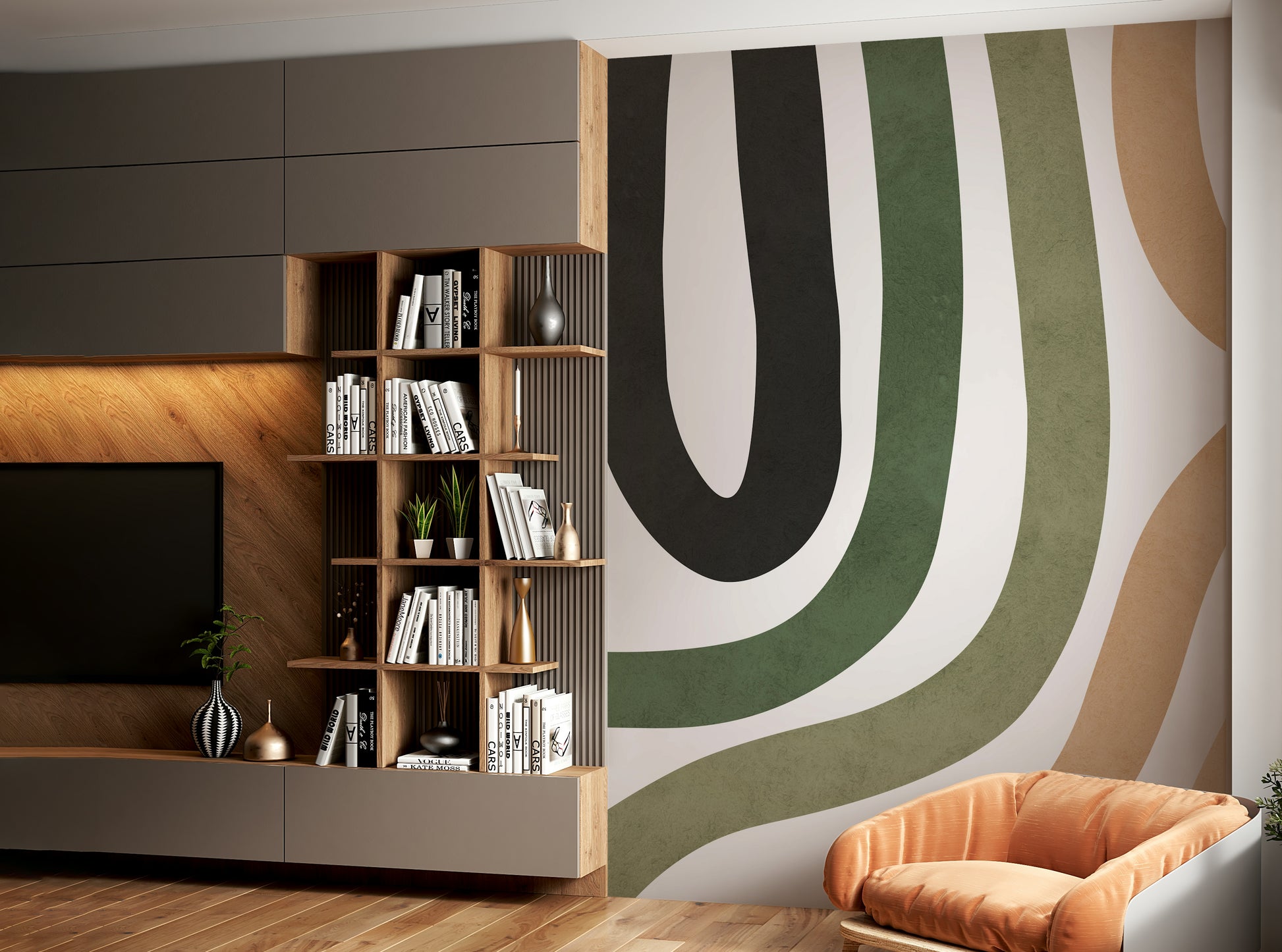 The color palette includes shades of beige, terracotta, and soft green.

