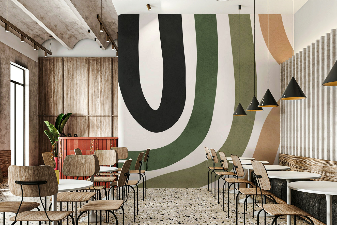 A detailed image of a wall mural with an abstract curved pattern.

