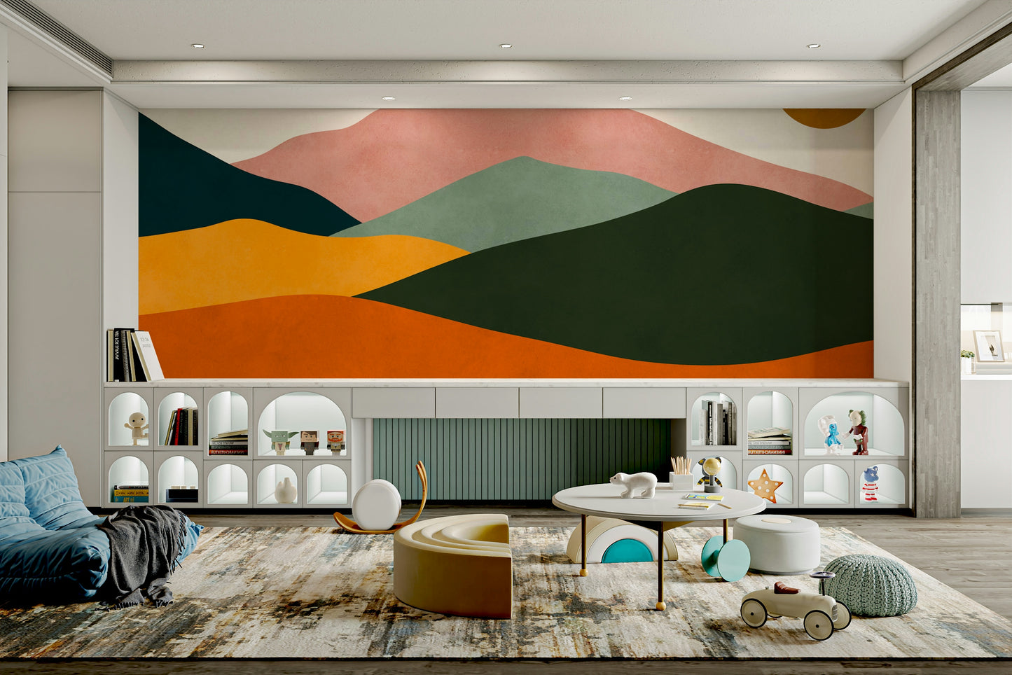 A close-up shot of the layered shapes on the mural.

