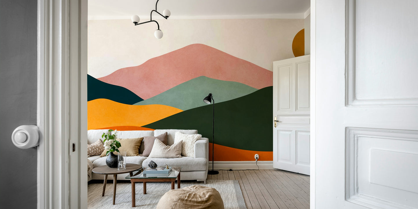 A room decorated with the Sunset Layers mural.

