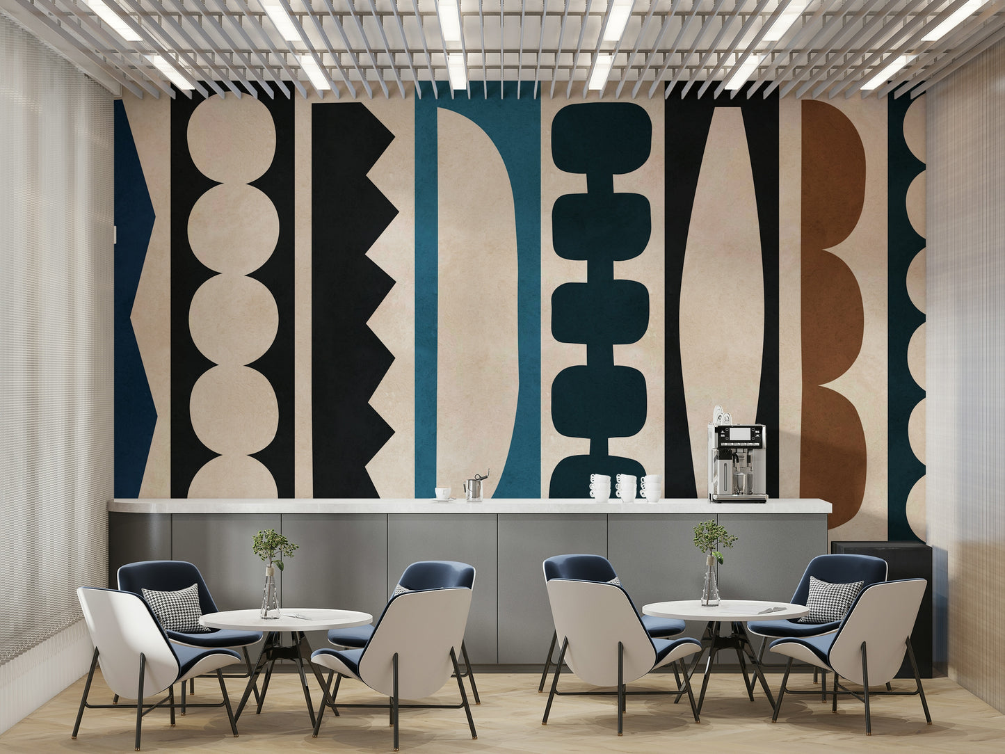 The mural is on a textured wall.

