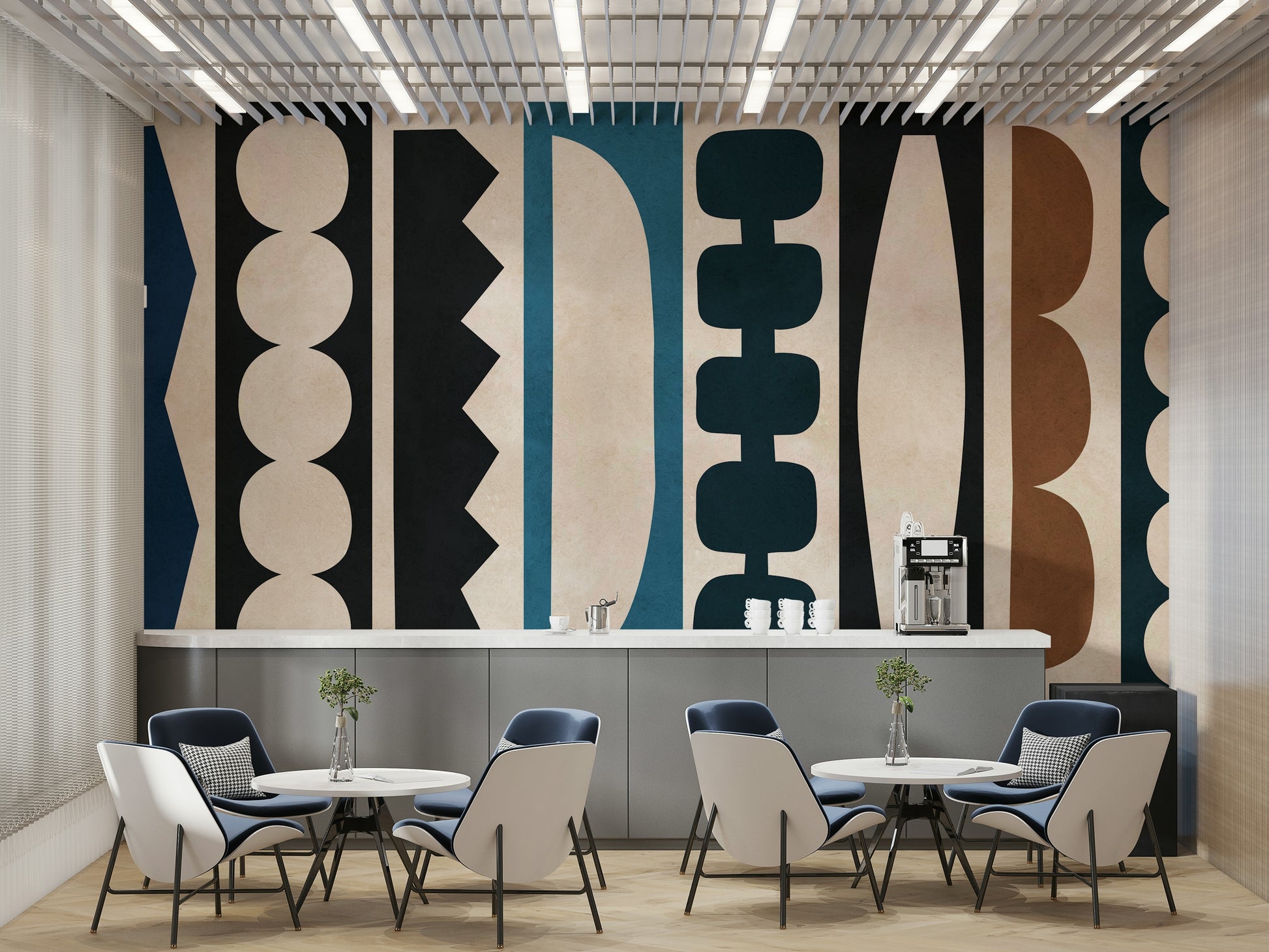 The mural is on a textured wall.

