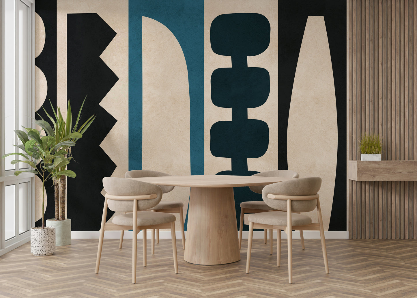 It features overlapping shapes and patterns.

