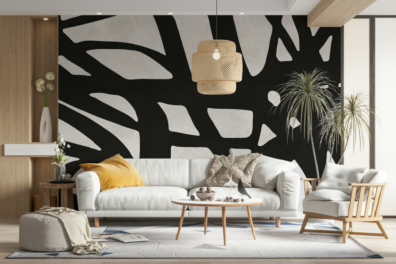 A wall mural with a geometric line pattern.

