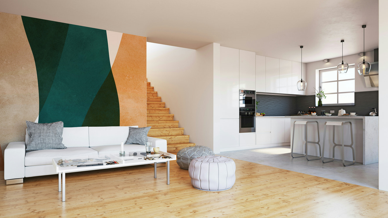 A wall mural with a repeating arch pattern.

