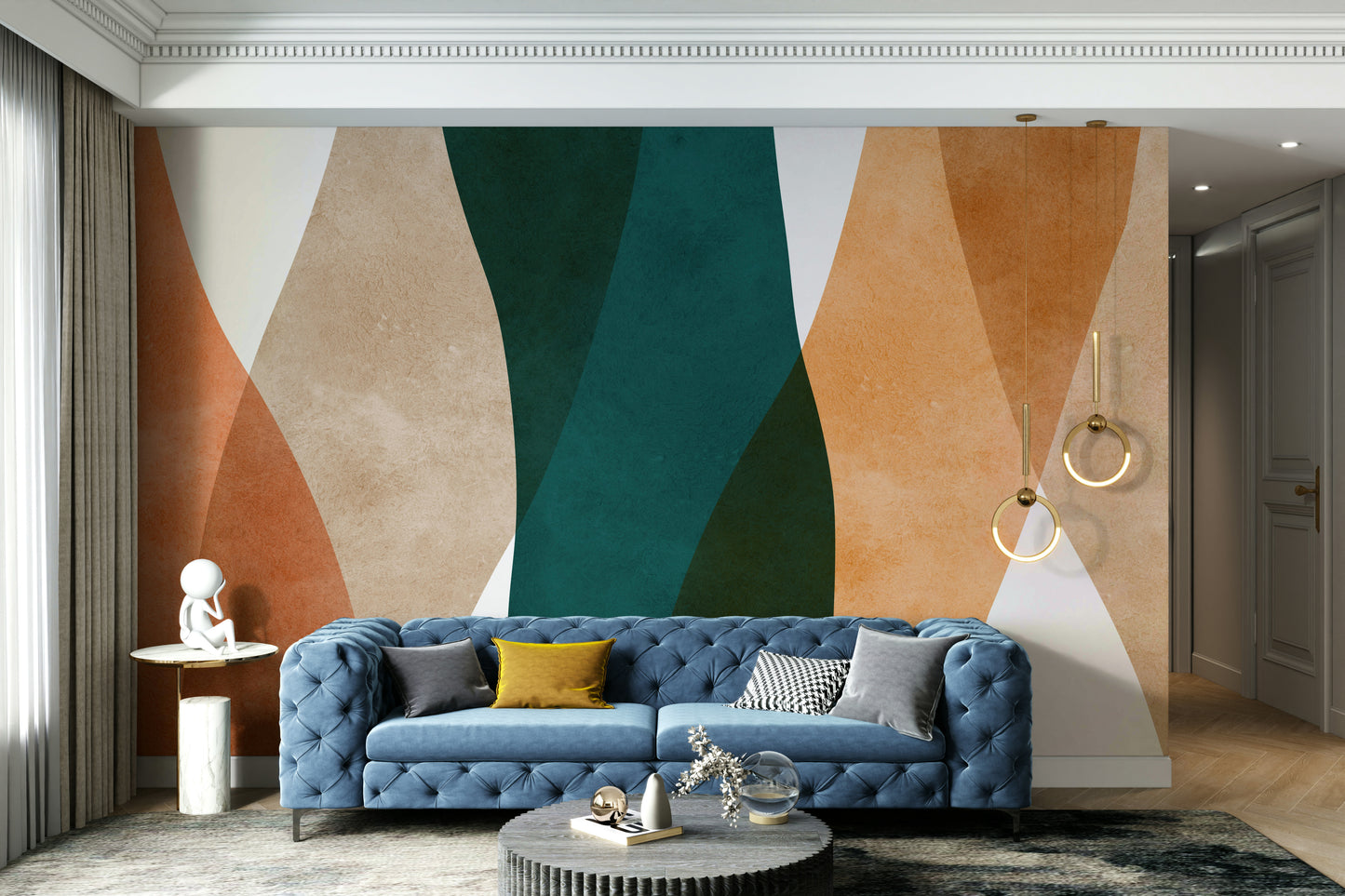 The room has neutral-colored furniture.

