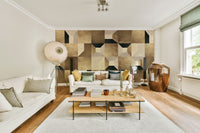 The room has neutral-colored furniture.

