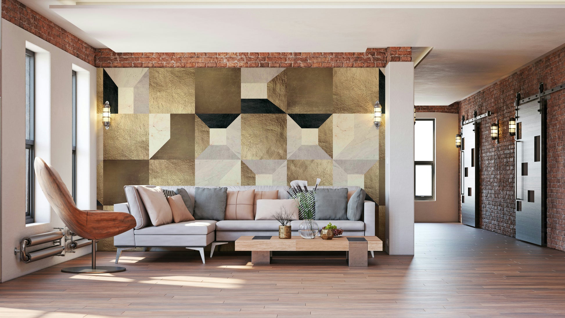A wall mural with a geometric pattern.

