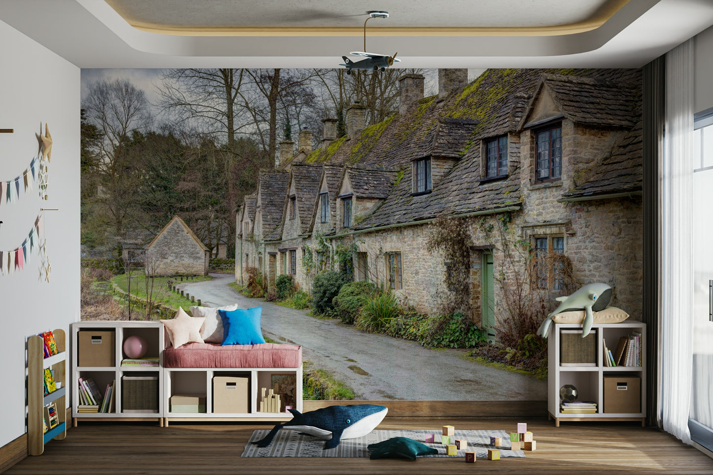 The overall scene is a classic English village.

