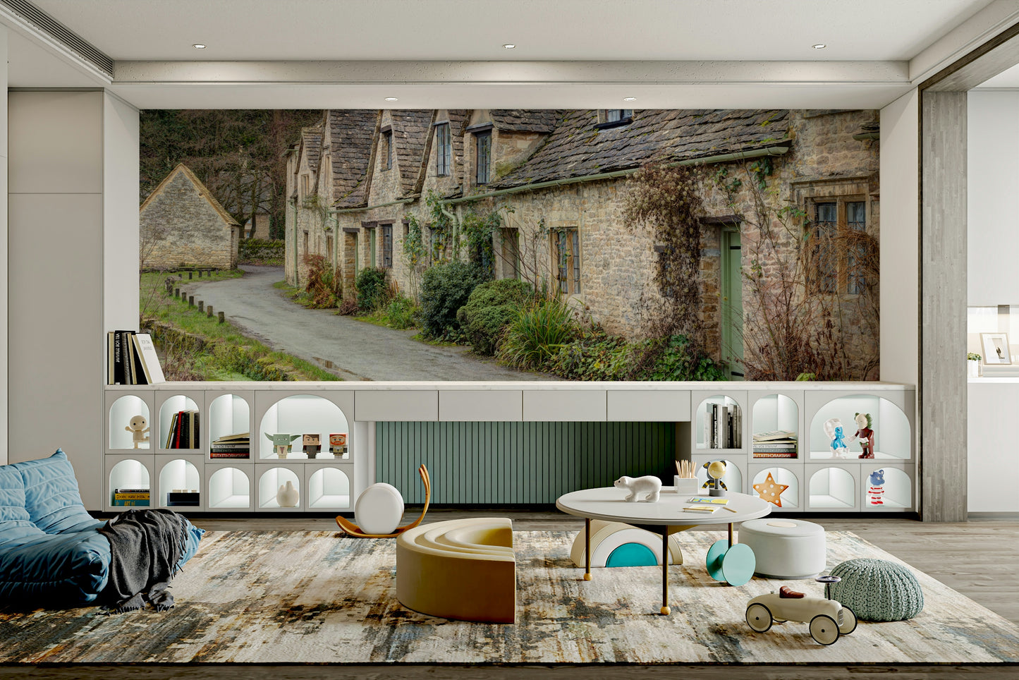 The cottages have small windows and chimneys.

