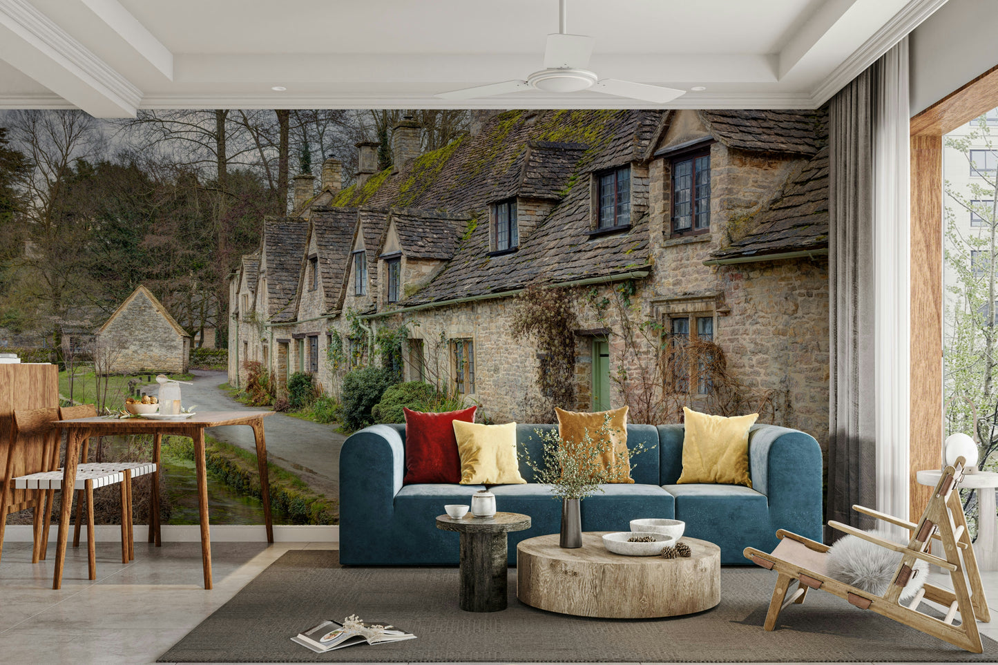 A narrow, wet road leads past the buildings.

