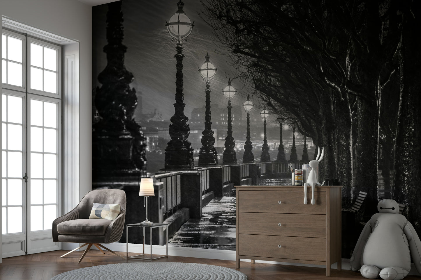 The pavement is wet, with light reflecting on it.

