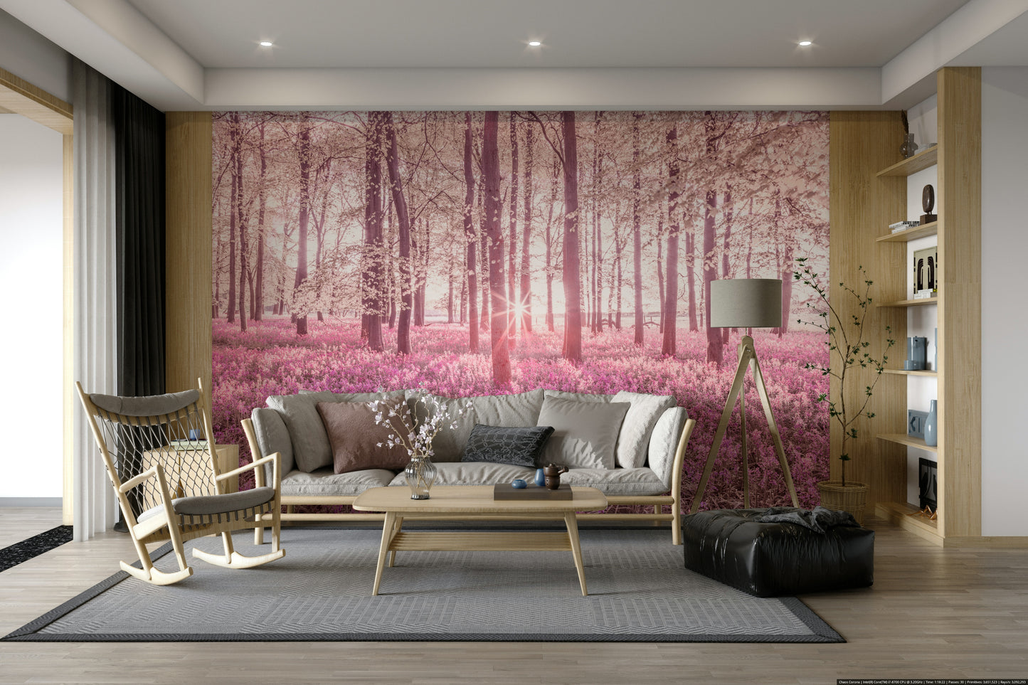 The trees and foliage have a soft, hazy appearance with pink tones.

