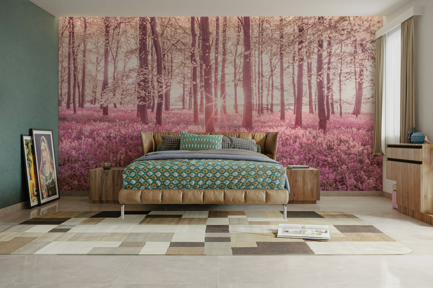 The mural shows light filtering through the trees, creating a soft glow.

