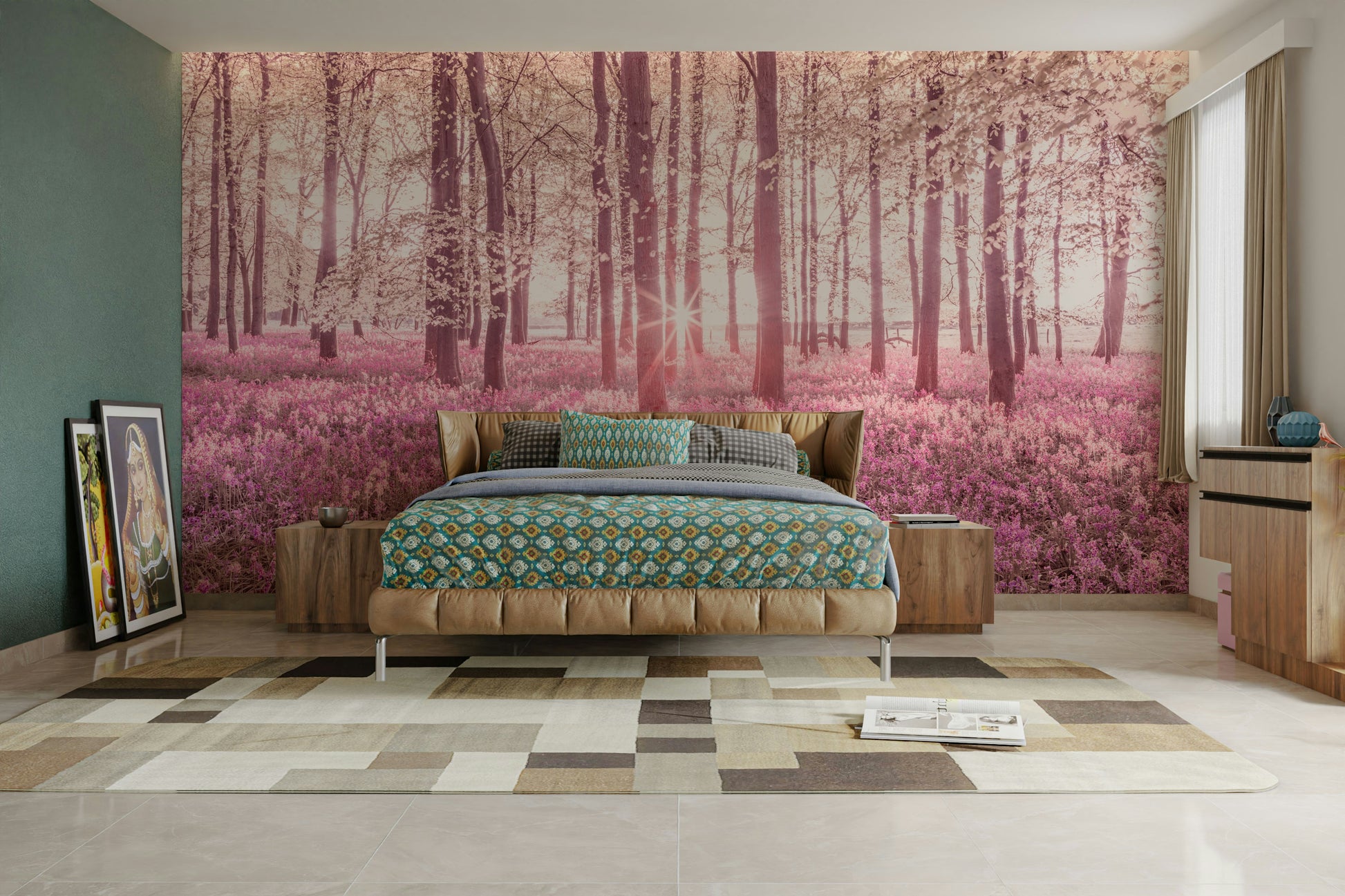 The mural shows light filtering through the trees, creating a soft glow.

